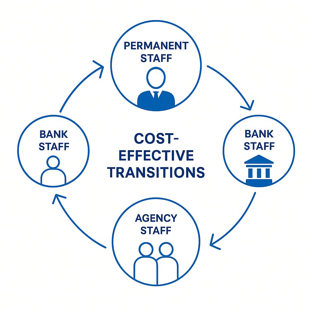 NHS workforce strategy diagram showing staff types and cost-effective transitions
